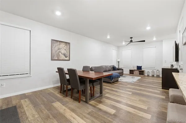 a view of a dining room with furniture