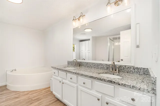 a bathroom with a granite countertop sink and a bathtub