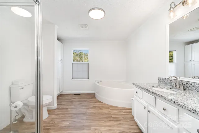 a bathroom with a granite countertop sink a toilet and bathtub