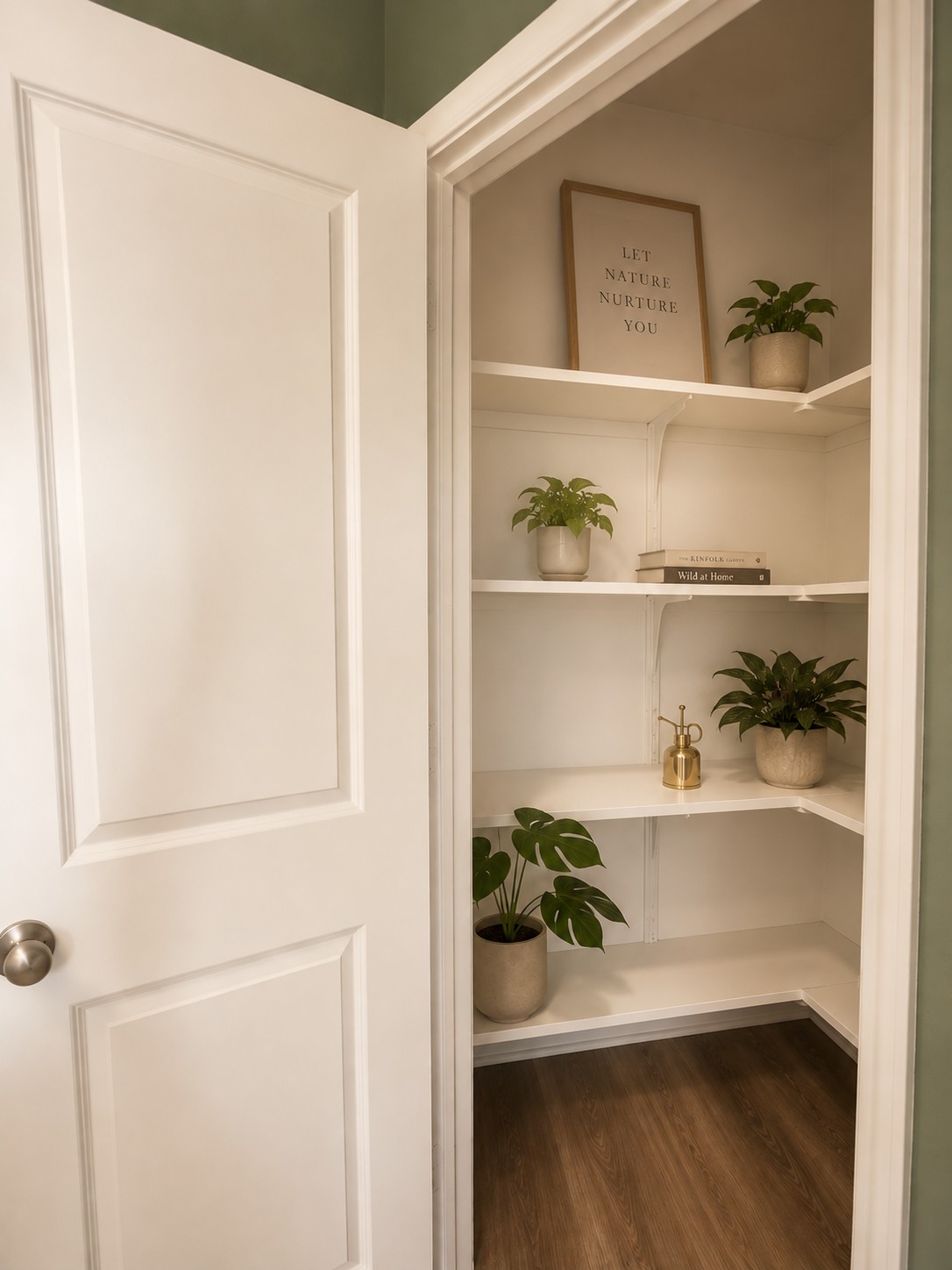 Ample built-in shelving maximizes storage potential in this versatile walk-in closet space.