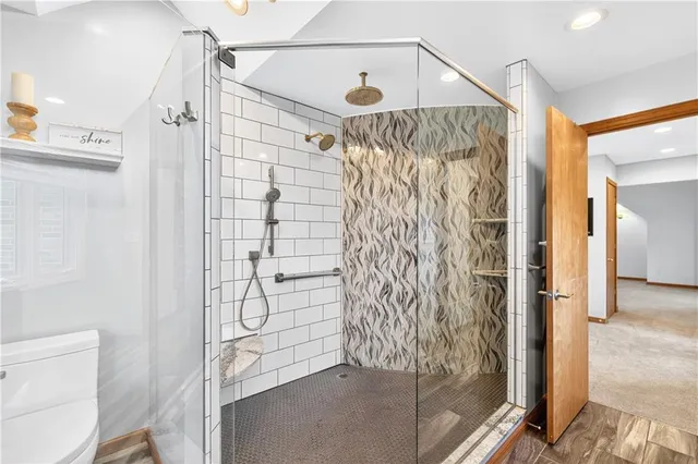 a bathroom with a shower and a toilet