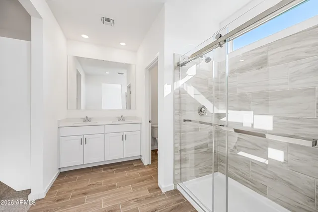 a bathroom with a granite countertop sink mirror and a shower