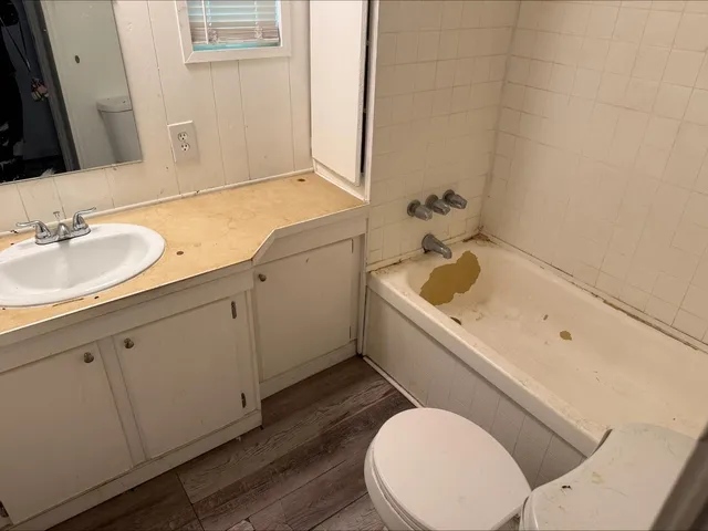 a bathroom with a sink a toilet and bathtub