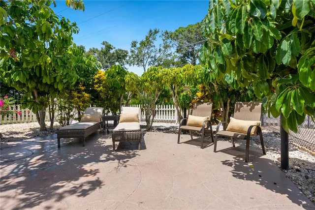 a backyard of a house with table and chairs