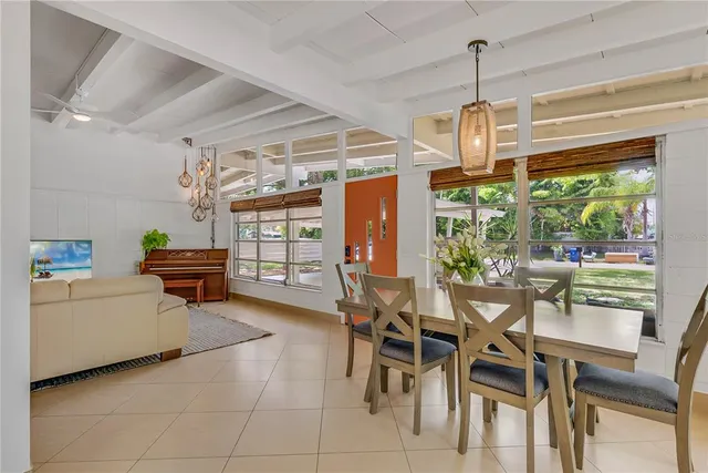 a view of a dining room with furniture window and outside view