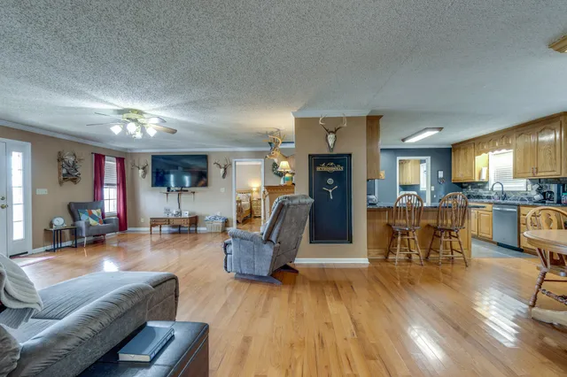 a living room with fireplace furniture and a wooden floor