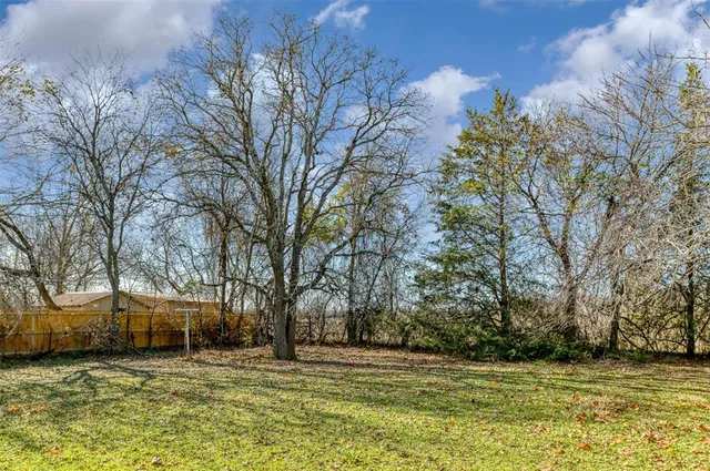 a big yard with trees in front of it