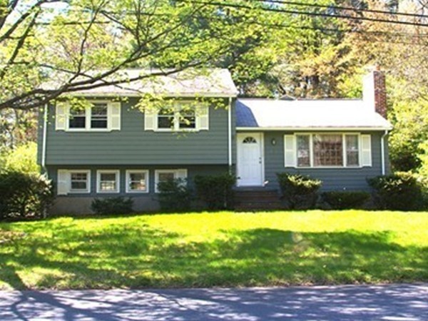 a view of house with yard outdoor seating and covered with trees