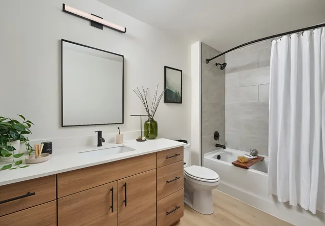 a bathroom with a double vanity sink toilet mirror and shower