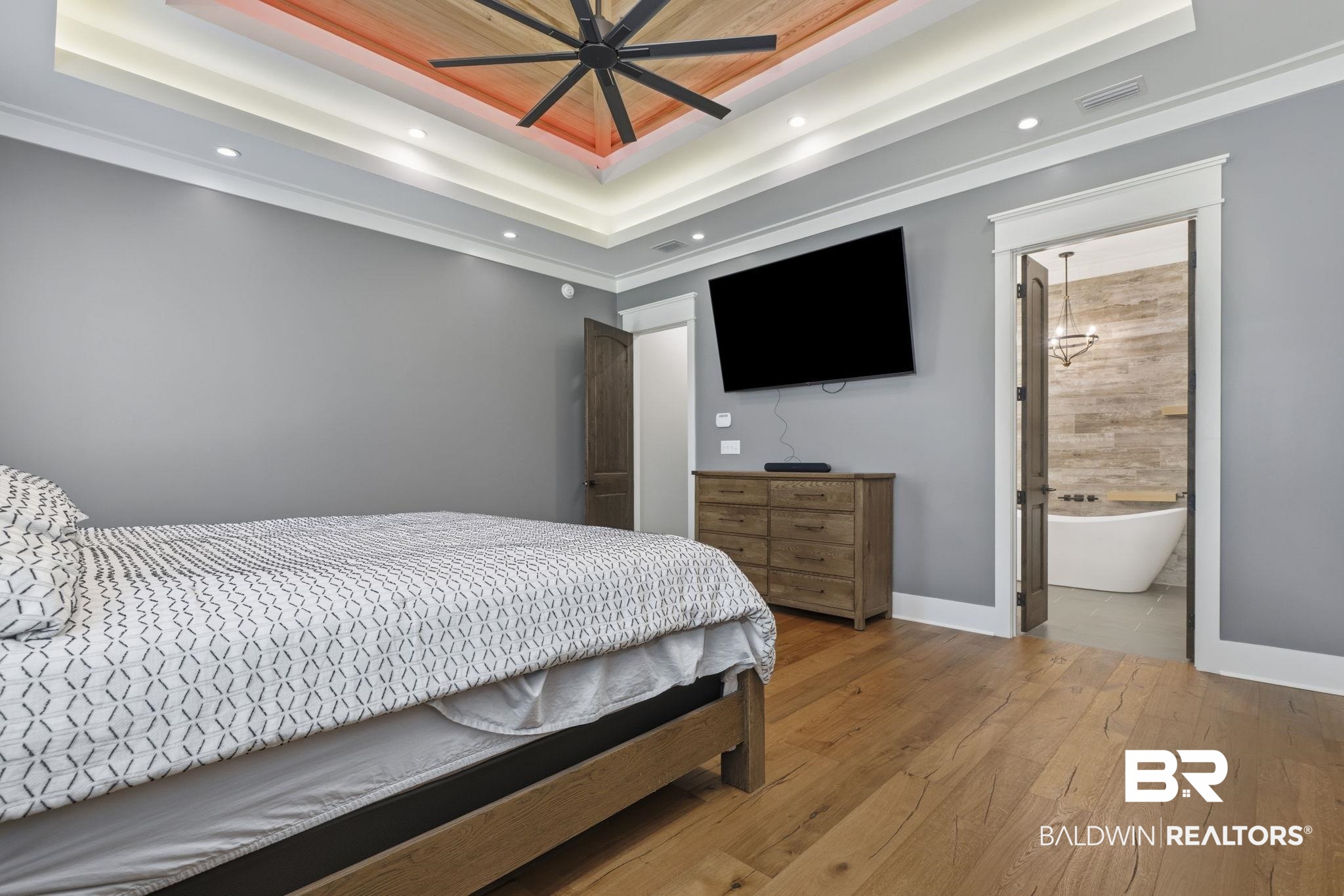 9501 Ben Hamilton Road Theodore, AL 36582 - Photo 23 of 69 Bedroom with light wood finished floors, ceiling fan, recessed lighting, and connected bathroom