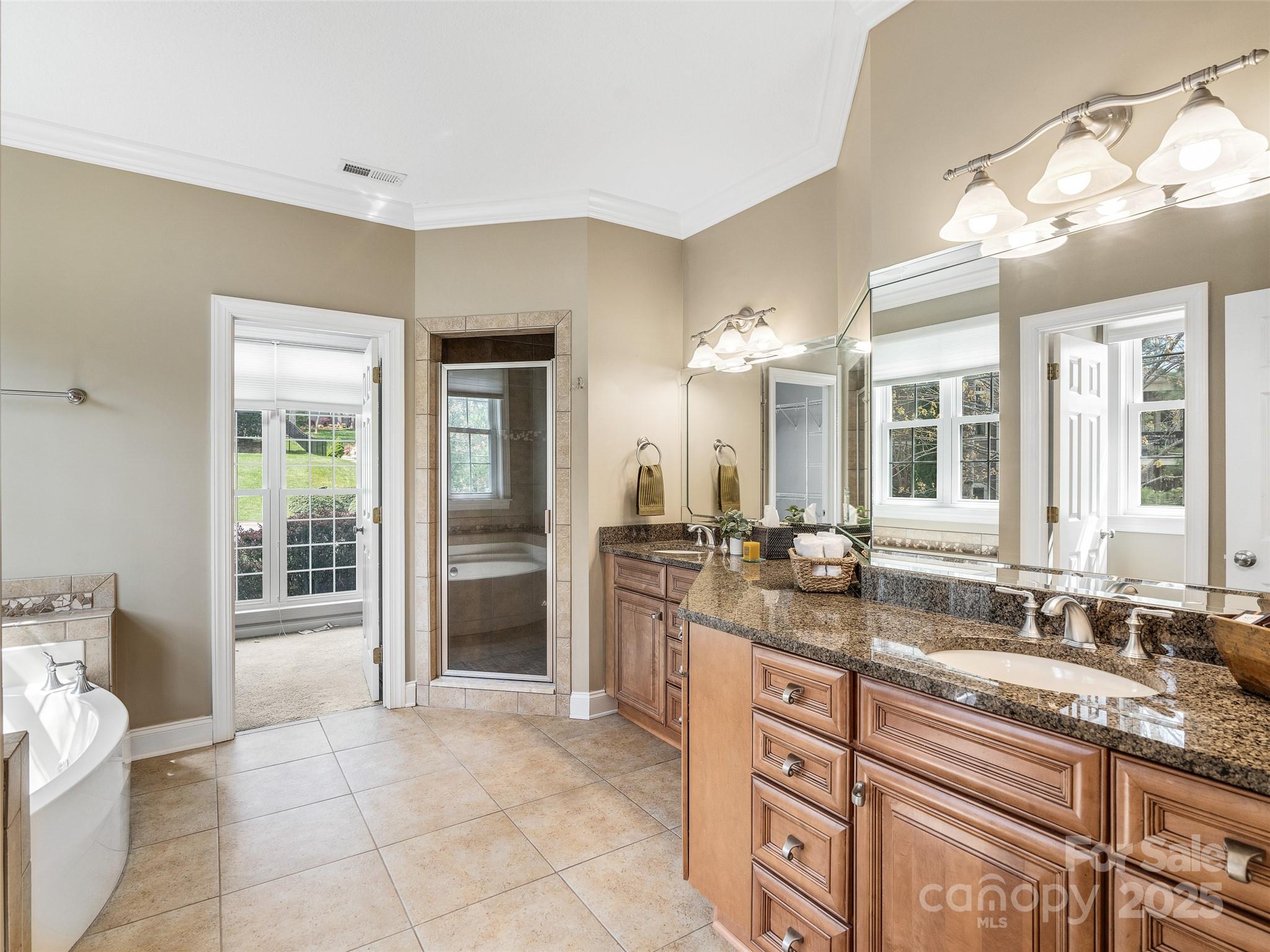 69 Ledgestone Drive Fairview, NC 28730 - Photo 16 of 31 a spacious bathroom with a granite countertop sink a toilet a mirror and vanity