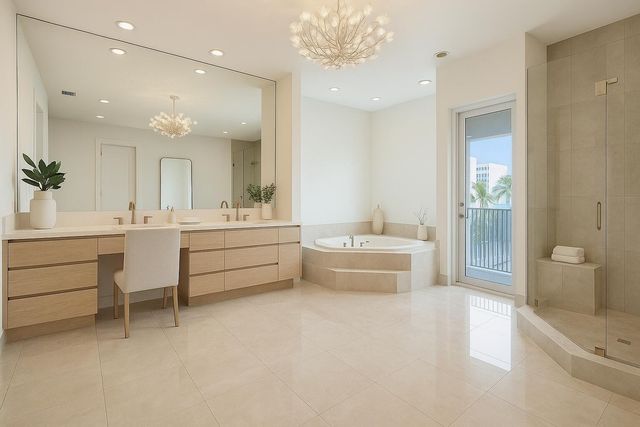 a bathroom with a double vanity sink a large mirror and a bathtub