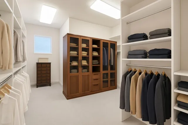 a view of walk in closet with clothes and shoes
