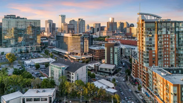 a view of a city with tall buildings