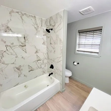 a bathroom with a bathtub and a toilet
