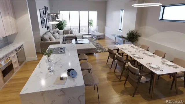 a view of a dining room with furniture and a window