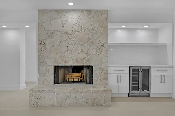 a living room with a fireplace