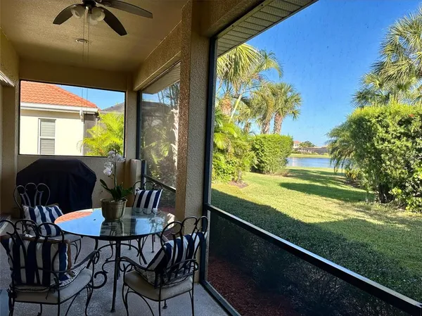 a view of a chairs and table in patio