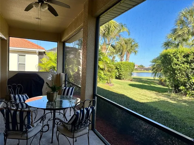 a view of a chairs and table in patio