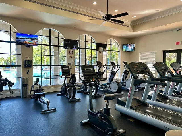 a gym room with gym equipment