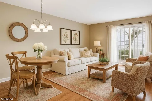 a living room with furniture a chandelier a glass table and a window