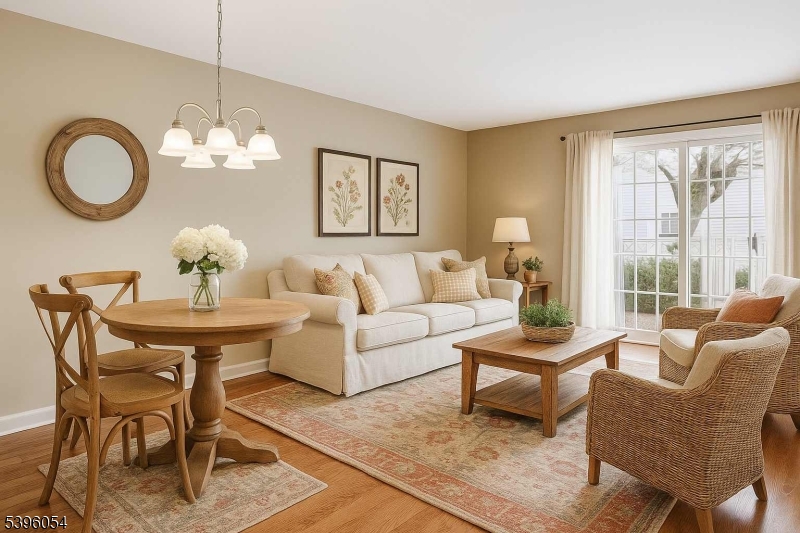 a living room with furniture a chandelier a glass table and a window