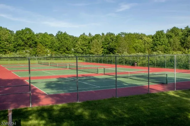 a view of a park with iron fence