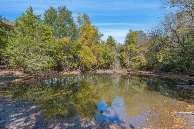 a view of a tennis ground with large trees