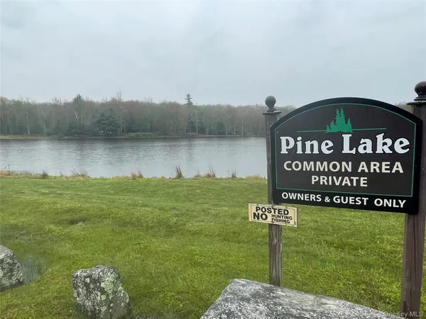 a street sign sitting on the side of a lake