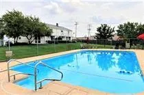 a view of a swimming pool with a garden and trees