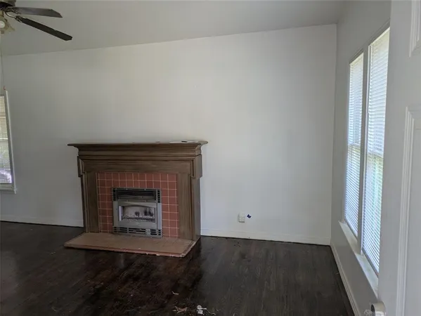 a room with a fireplace