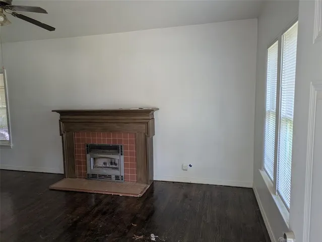 a room with a fireplace