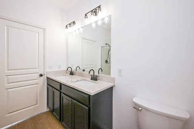 a bathroom with a sink vanity and a toilet