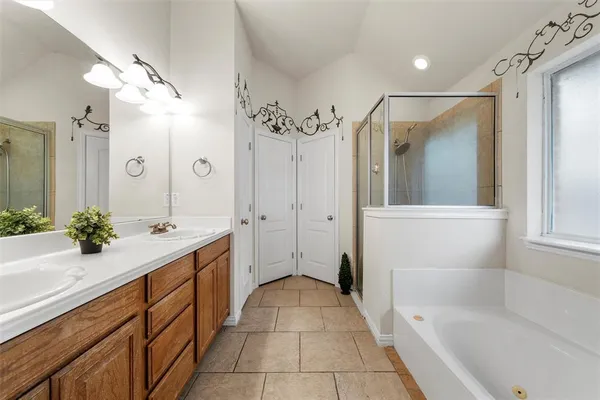 a bathroom with a tub sink shower and mirror