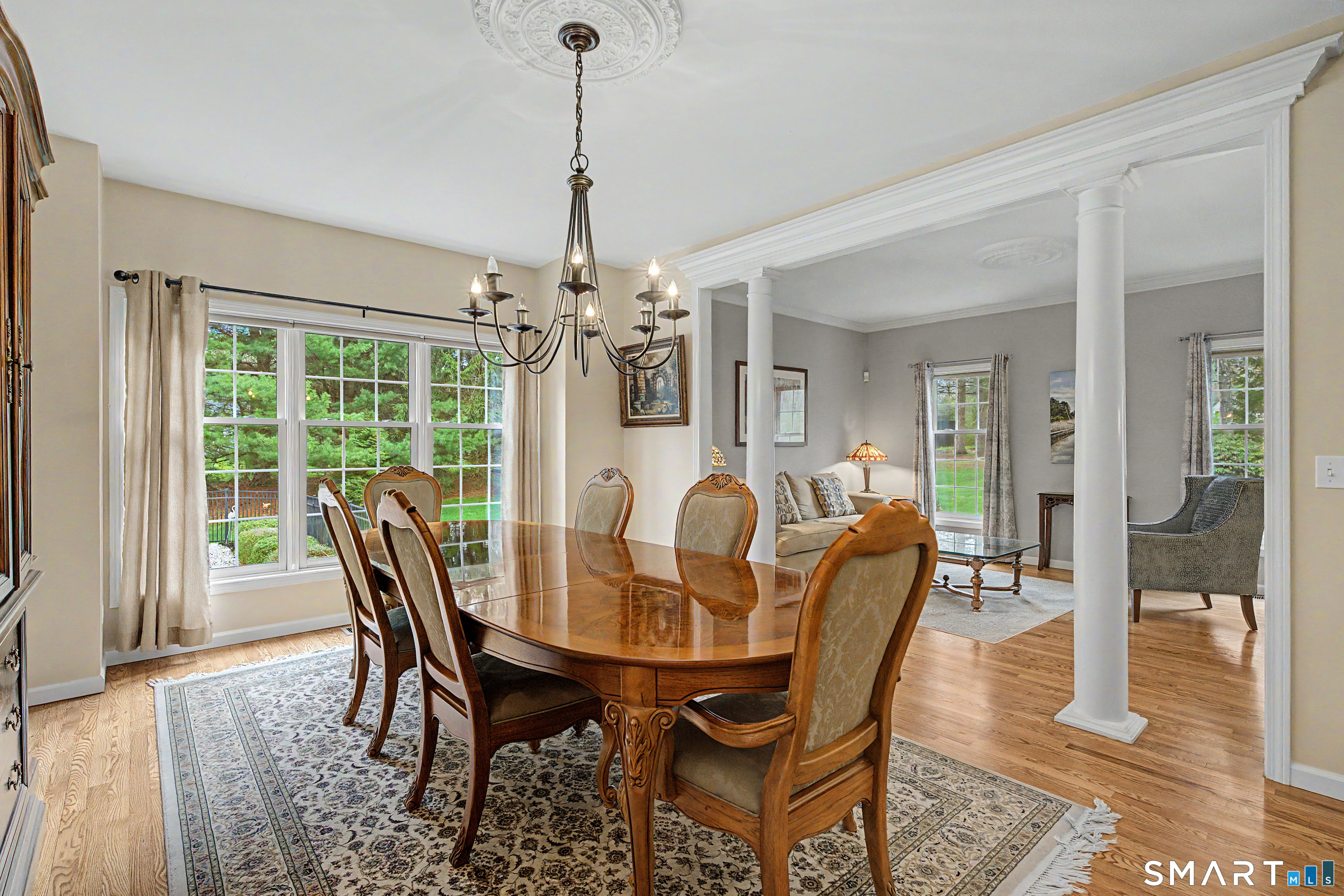 445 Dublin Road Southbury, CT 06488 - Photo 7 of 40 a dining room with furniture wooden floor a rug a potted plant and a chandelier