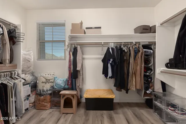 a view of walk in closet with clothes and shoes