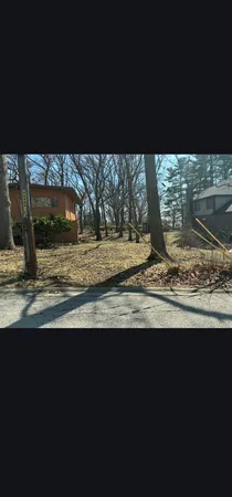 a view of a yard with wooden fence