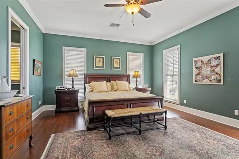 a bedroom with furniture and wooden floor
