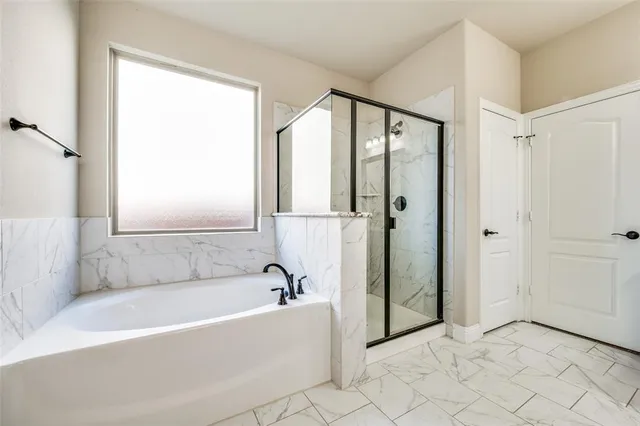 a bathroom with a bathtub and a shower