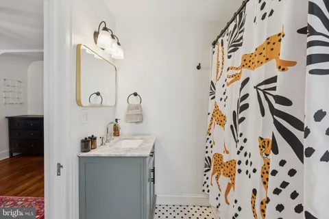 a bathroom with a sink and mirror with shower curtain