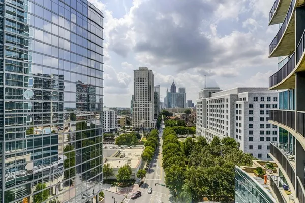 a city view with tall buildings