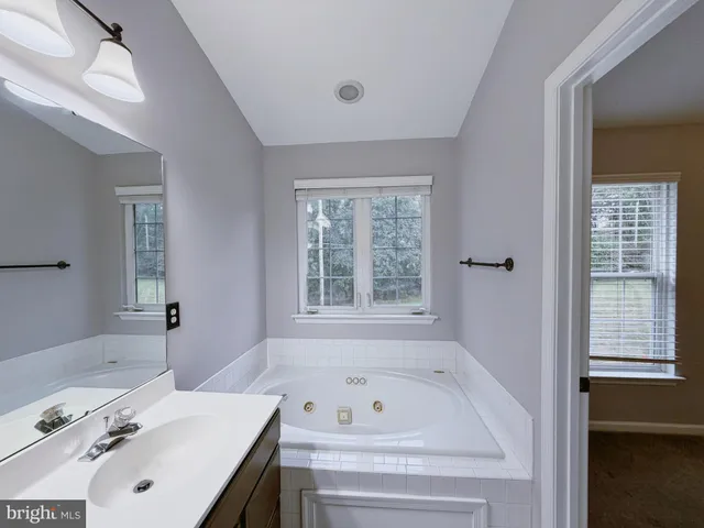 a bathroom with a tub sink and mirror