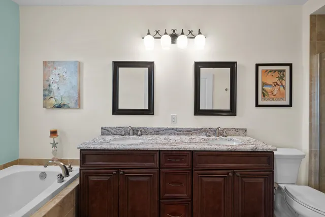 a bathroom with a sink double vanity and a bathtub