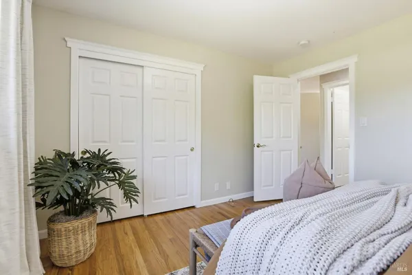a bedroom with a bed and a potted plant