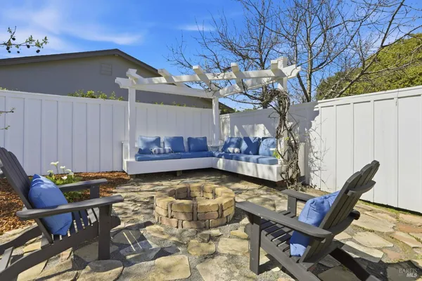 a backyard of a house with table and chairs