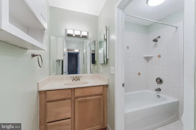 a bathroom with a sink tub vanity and a mirror