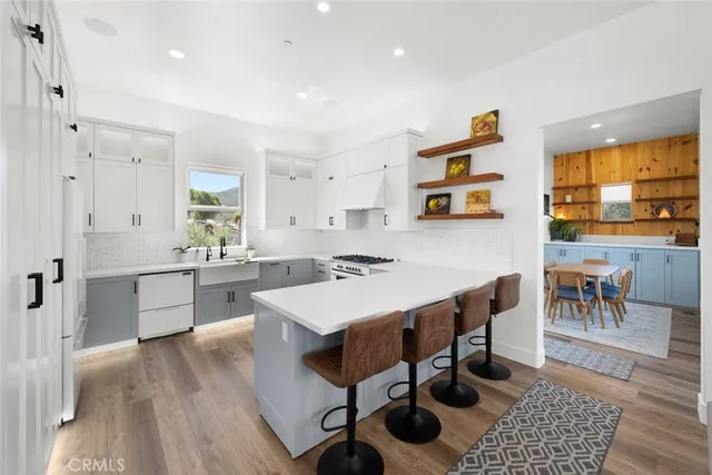 a view of a dining room with furniture window and outside view