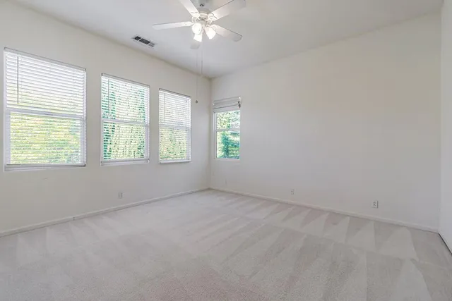 a bedroom with a bed a couch and potted plant on the dresser