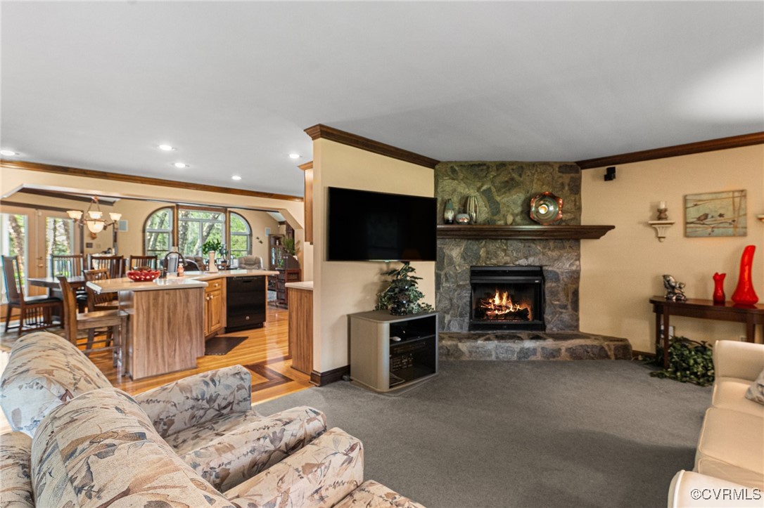 16287 Derby Ridge Road Montpelier, VA 23192 - Photo 28 of 50 Living area with crown molding, a stone fireplace,