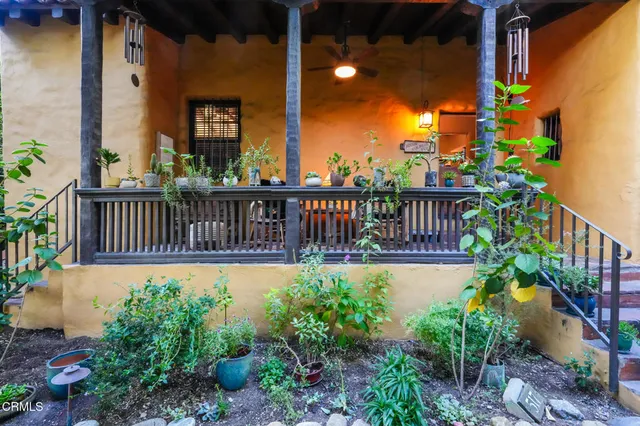 a view of a dinning room with chairs and potted plants